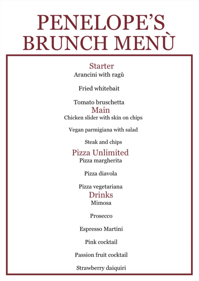 The menu at our bottomless brunch in Sidcup at Penelope's Italian restaurant in Kent
