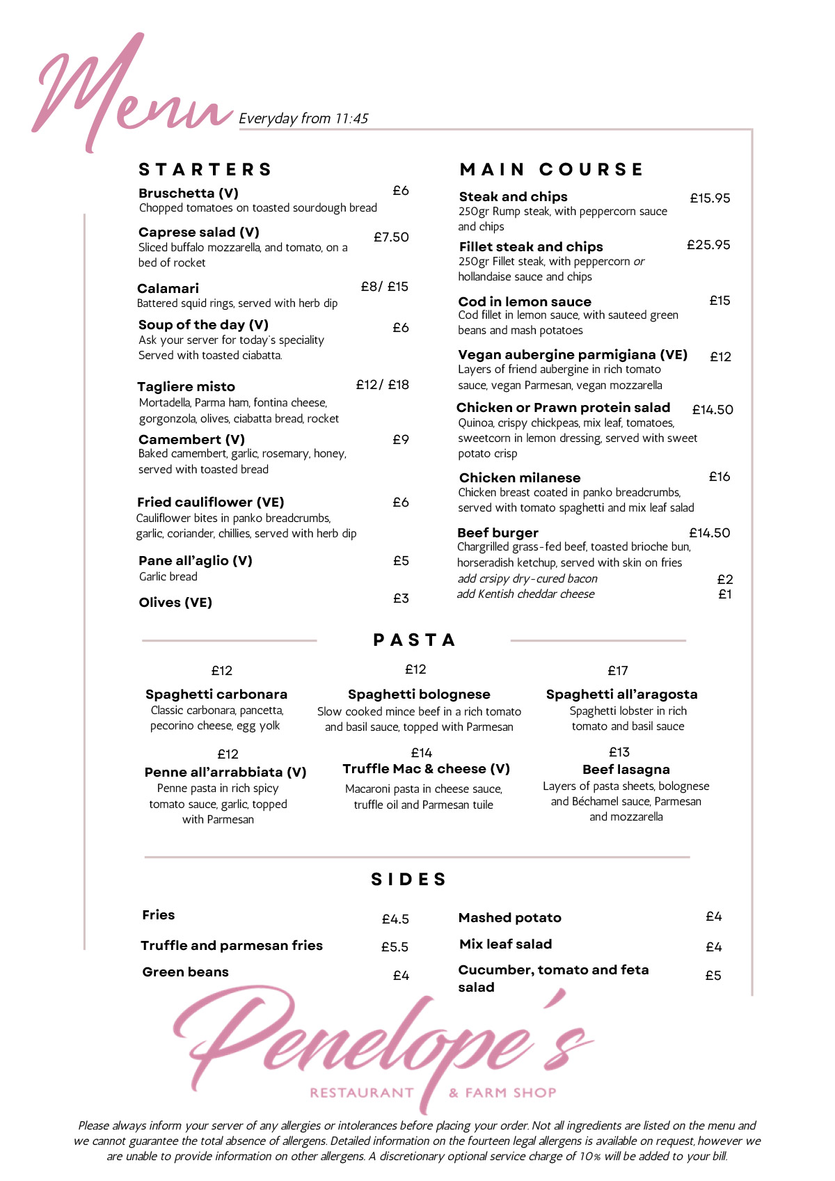 Menu - Penelope’s restaurant and farm shop in Sidcup, Kent